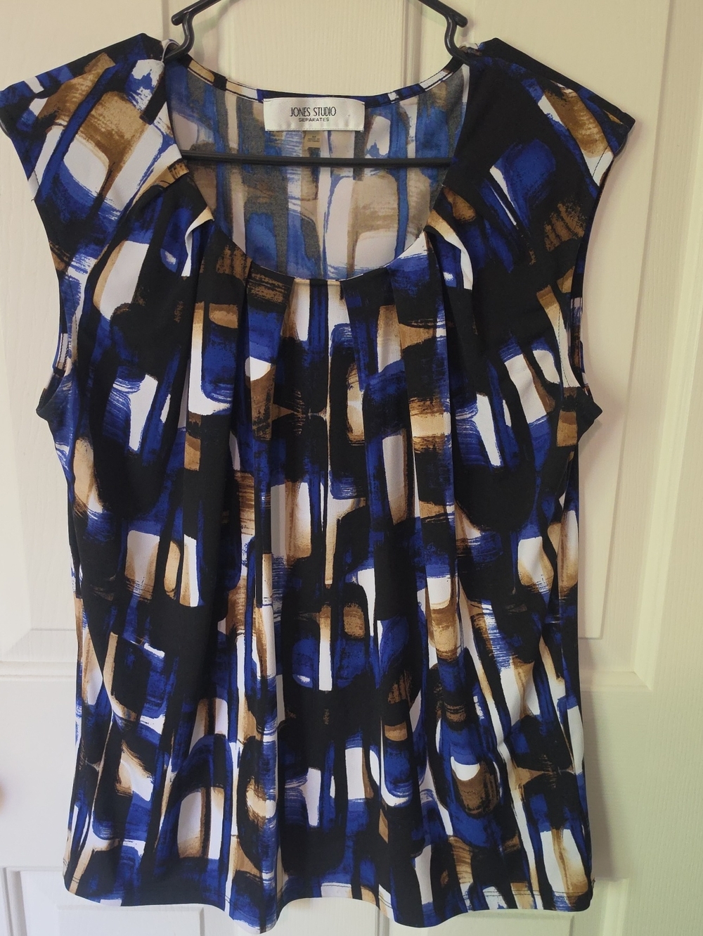 Jones Studio Blue, Black & Tan Abstract Print Cap Sleeve Top
